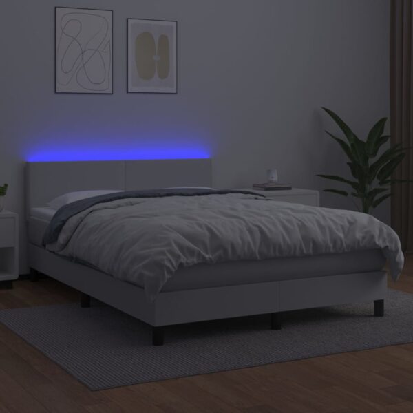Łóżko kontynentalne z materacem i LED, biała ekoskóra 140x190cm - obrazek 4