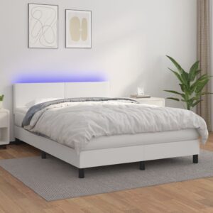 Łóżko kontynentalne z materacem i LED, biała ekoskóra 140x200cm