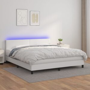 Łóżko kontynentalne z materacem i LED, biała ekoskóra 180x200cm