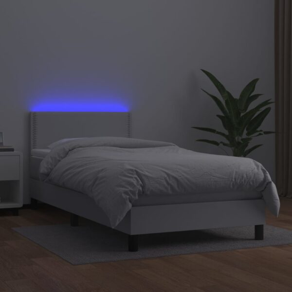 Łóżko kontynentalne z materacem i LED, biała ekoskóra 90x190 cm - obrazek 4