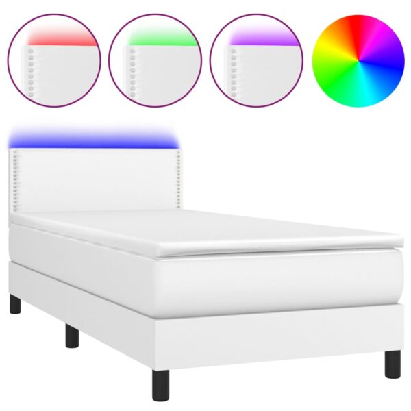 Łóżko kontynentalne z materacem i LED, biała ekoskóra 100x200cm - obrazek 2
