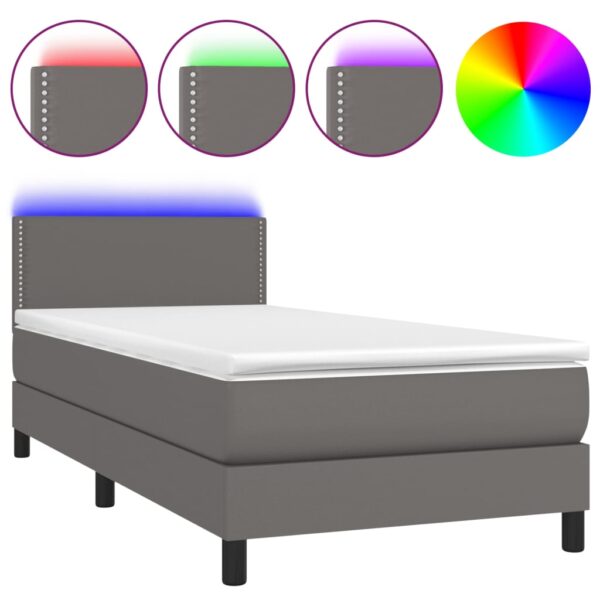 Łóżko kontynentalne z materacem i LED, szara ekoskóra 100x200cm - obrazek 2