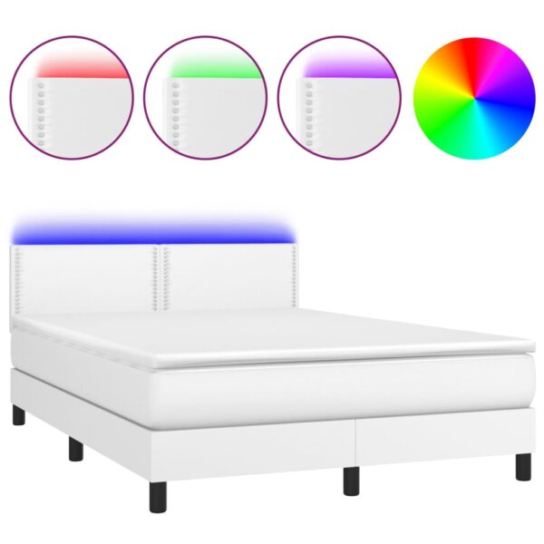 Łóżko kontynentalne z materacem i LED, biała ekoskóra 140x190cm - obrazek 2