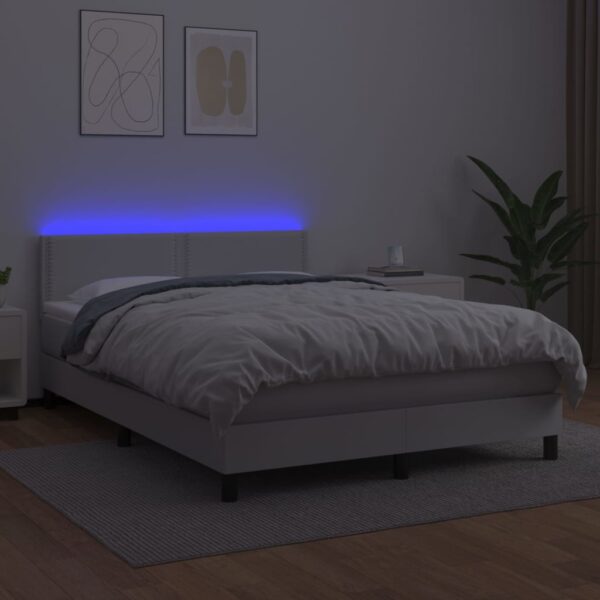 Łóżko kontynentalne z materacem i LED, biała ekoskóra 140x200cm - obrazek 4