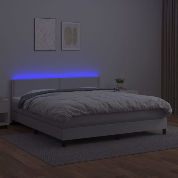 Łóżko kontynentalne z materacem i LED, biała ekoskóra 160x200cm - obrazek 4