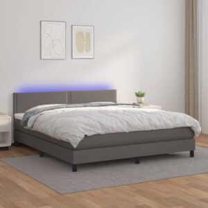 Łóżko kontynentalne z materacem i LED, szara ekoskóra 160x200cm