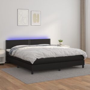 Łóżko kontynentalne z materacem i LED czarna ekoskóra 180x200cm