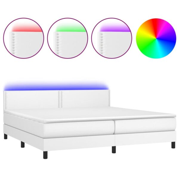 Łóżko kontynentalne z materacem i LED, biała ekoskóra 200x200cm - obrazek 2
