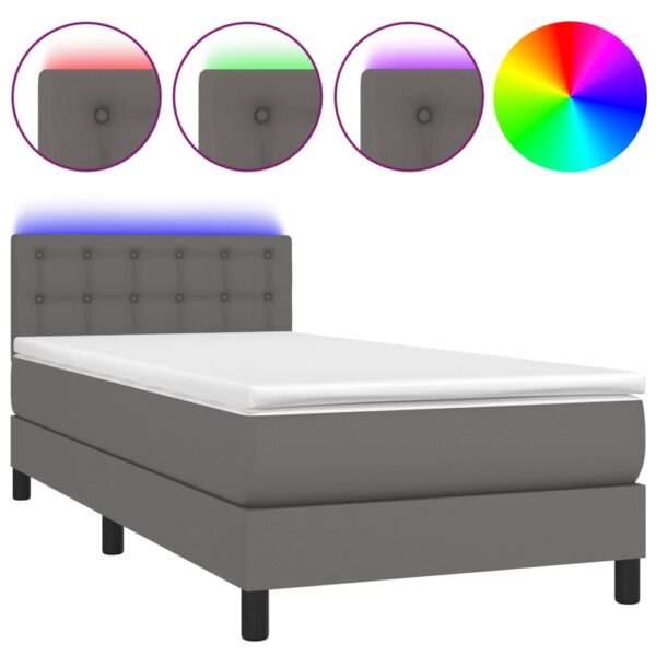Łóżko kontynentalne z materacem i LED, szara ekoskóra 100x200cm - obrazek 2