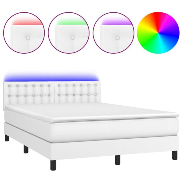Łóżko kontynentalne z materacem i LED, biała ekoskóra 140x190cm - obrazek 2