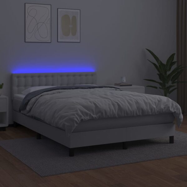 Łóżko kontynentalne z materacem i LED, biała ekoskóra 140x190cm - obrazek 4