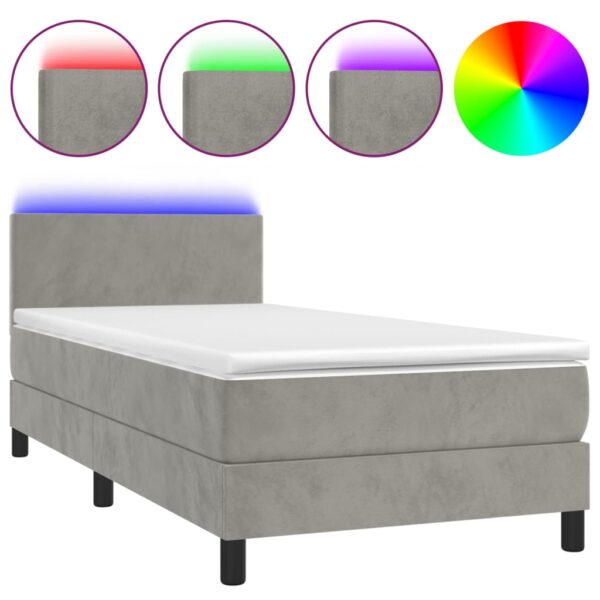 Łóżko kontynentalne z materacem i LED, szare 90x200 cm, aksamit - obrazek 2