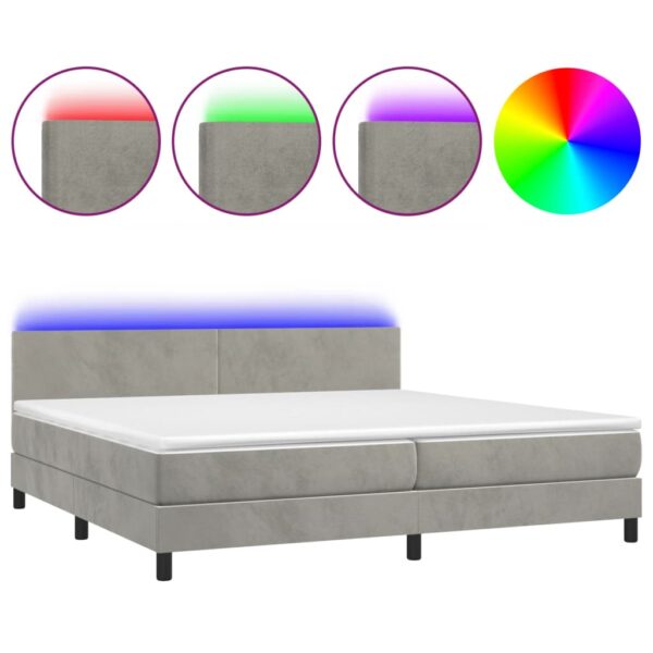 Łóżko kontynentalne z materacem i LED, szare 200x200cm, aksamit - obrazek 2