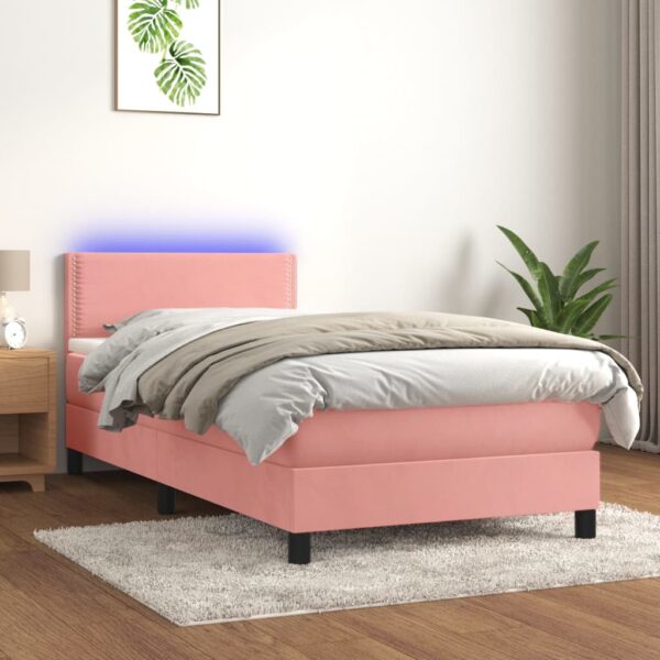 Łóżko kontynentalne z materacem i LED, różowy aksamit 90x190 cm