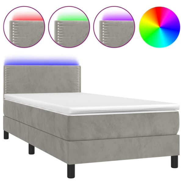 Łóżko kontynentalne z materacem i LED, szare 100x200cm, aksamit - obrazek 2
