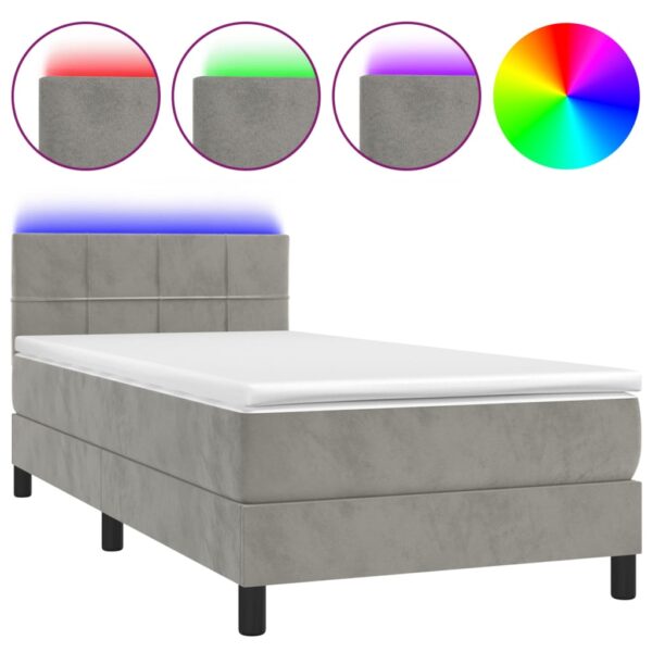 Łóżko kontynentalne z materacem i LED, szare 100x200cm, aksamit - obrazek 2
