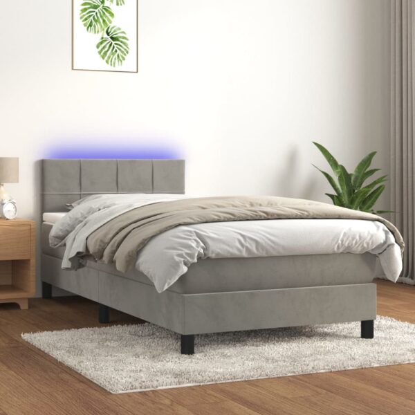 Łóżko kontynentalne z materacem i LED, szare 100x200cm, aksamit