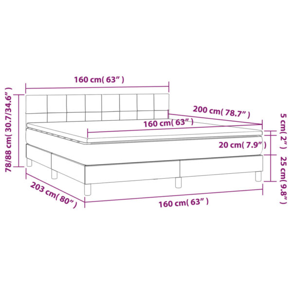 Łóżko kontynentalne z materacem i LED, szare 160x200cm, aksamit - obrazek 8