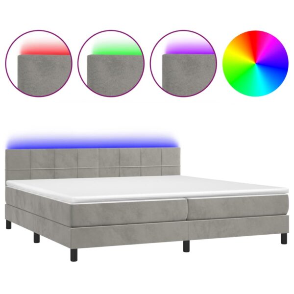 Łóżko kontynentalne z materacem i LED, szare 200x200cm, aksamit - obrazek 2