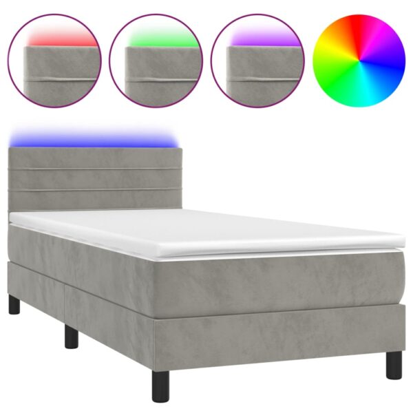 Łóżko kontynentalne z materacem i LED, szare 100x200cm, aksamit - obrazek 2