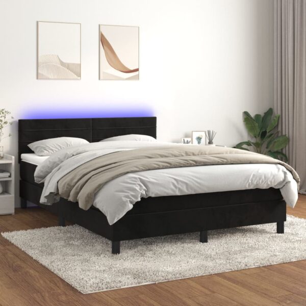 Łóżko kontynentalne z materacem i LED, czarny aksamit 140x190cm