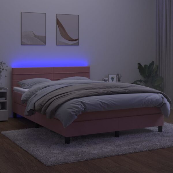 Łóżko kontynentalne z materacem i LED, różowy aksamit 140x190cm - obrazek 4