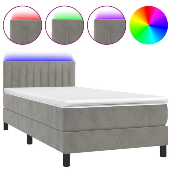 Łóżko kontynentalne z materacem i LED, szare 80x200 cm, aksamit - obrazek 2