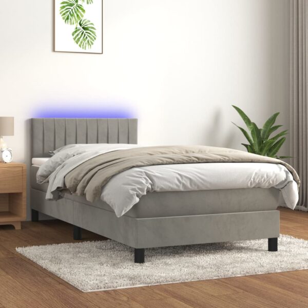 Łóżko kontynentalne z materacem i LED, szare 100x200cm, aksamit