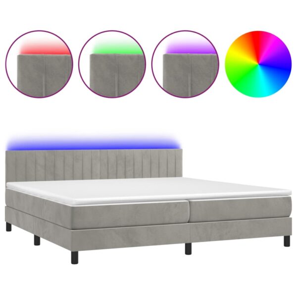 Łóżko kontynentalne z materacem i LED, szare 200x200cm, aksamit - obrazek 2