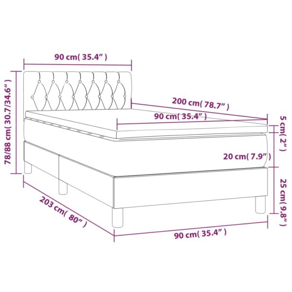 Łóżko kontynentalne z materacem i LED, szare 90x200 cm, aksamit - obrazek 8
