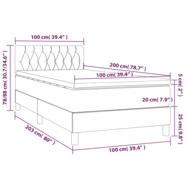 Łóżko kontynentalne z materacem i LED, szare 100x200cm, aksamit - obrazek 8