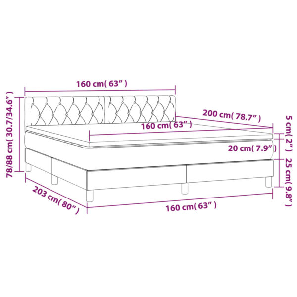 Łóżko kontynentalne z materacem i LED, szare 160x200cm, aksamit - obrazek 8