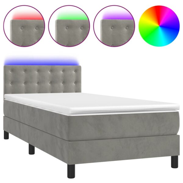Łóżko kontynentalne z materacem i LED, szare 100x200cm, aksamit - obrazek 2