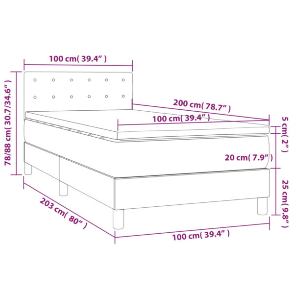Łóżko kontynentalne z materacem i LED, szare 100x200cm, aksamit - obrazek 9