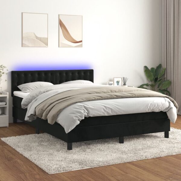 Łóżko kontynentalne z materacem i LED, czarny aksamit 140x190cm