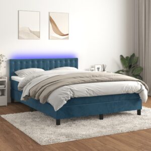 Łóżko kontynentalne, materac i LED, niebieski aksamit 140x190cm