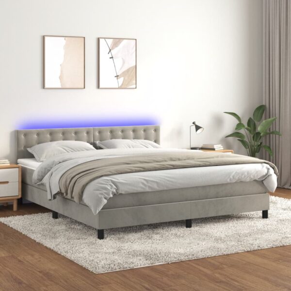 Łóżko kontynentalne z materacem i LED, szare 180x200cm, aksamit