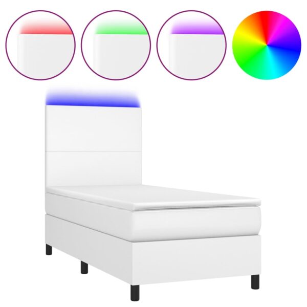 Łóżko kontynentalne z materacem i LED, biała ekoskóra 90x200 cm - obrazek 2