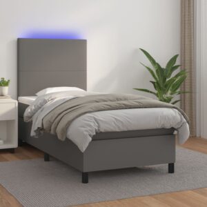 Łóżko kontynentalne z materacem i LED, szara ekoskóra 100x200cm