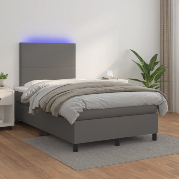 Łóżko kontynentalne z materacem i LED, szara ekoskóra 120x200cm