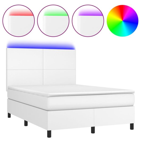Łóżko kontynentalne z materacem i LED, biała ekoskóra 140x190cm - obrazek 2