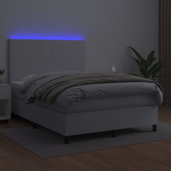 Łóżko kontynentalne z materacem i LED, biała ekoskóra 140x190cm - obrazek 4