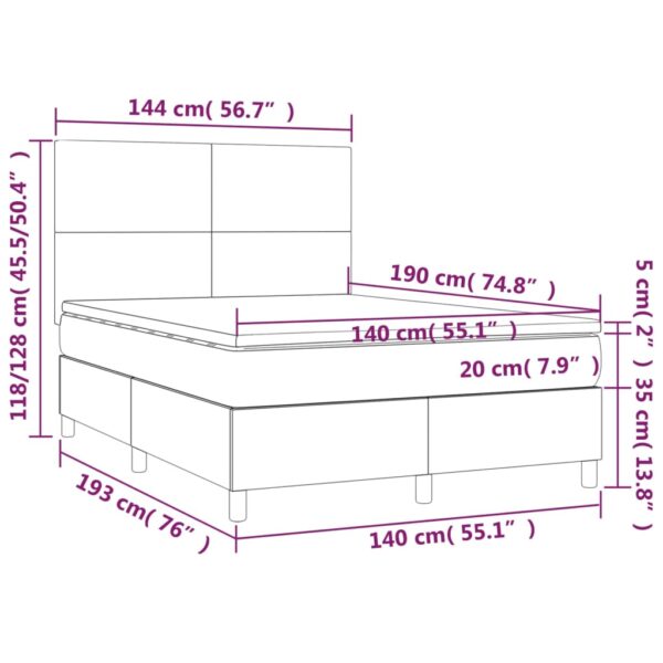 Łóżko kontynentalne z materacem i LED, biała ekoskóra 140x190cm - obrazek 8