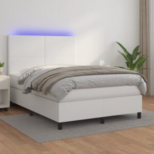 Łóżko kontynentalne z materacem i LED, biała ekoskóra 140x200cm
