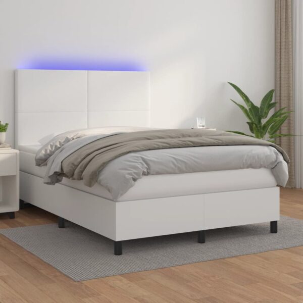 Łóżko kontynentalne z materacem i LED, biała ekoskóra 140x200cm