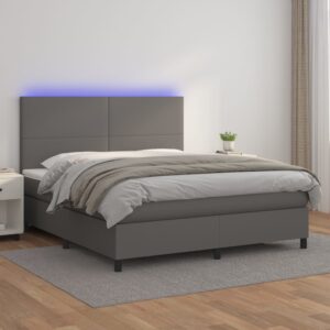 Łóżko kontynentalne z materacem i LED, szara ekoskóra 160x200cm