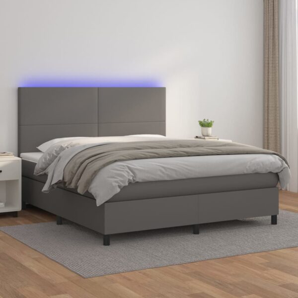 Łóżko kontynentalne z materacem i LED, szara ekoskóra 160x200cm