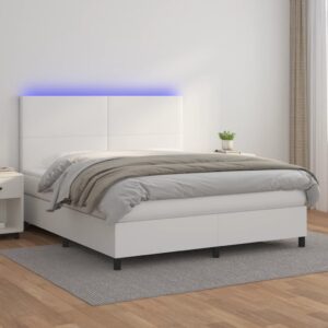 Łóżko kontynentalne z materacem i LED, biała ekoskóra 180x200cm
