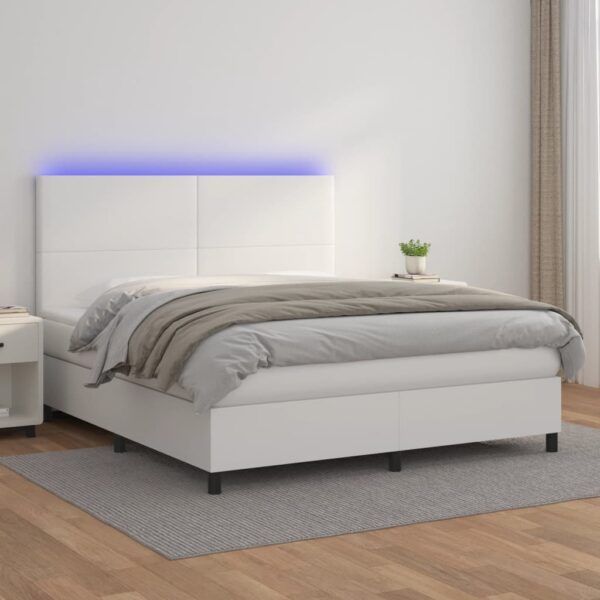 Łóżko kontynentalne z materacem i LED, biała ekoskóra 180x200cm
