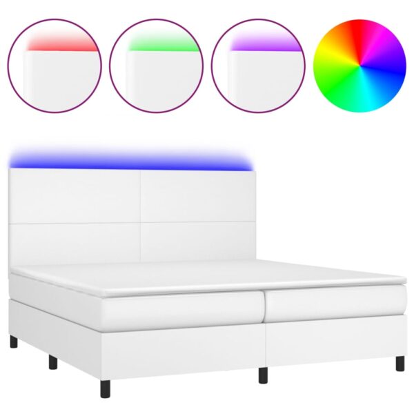 Łóżko kontynentalne z materacem i LED, biała ekoskóra 200x200cm - obrazek 2